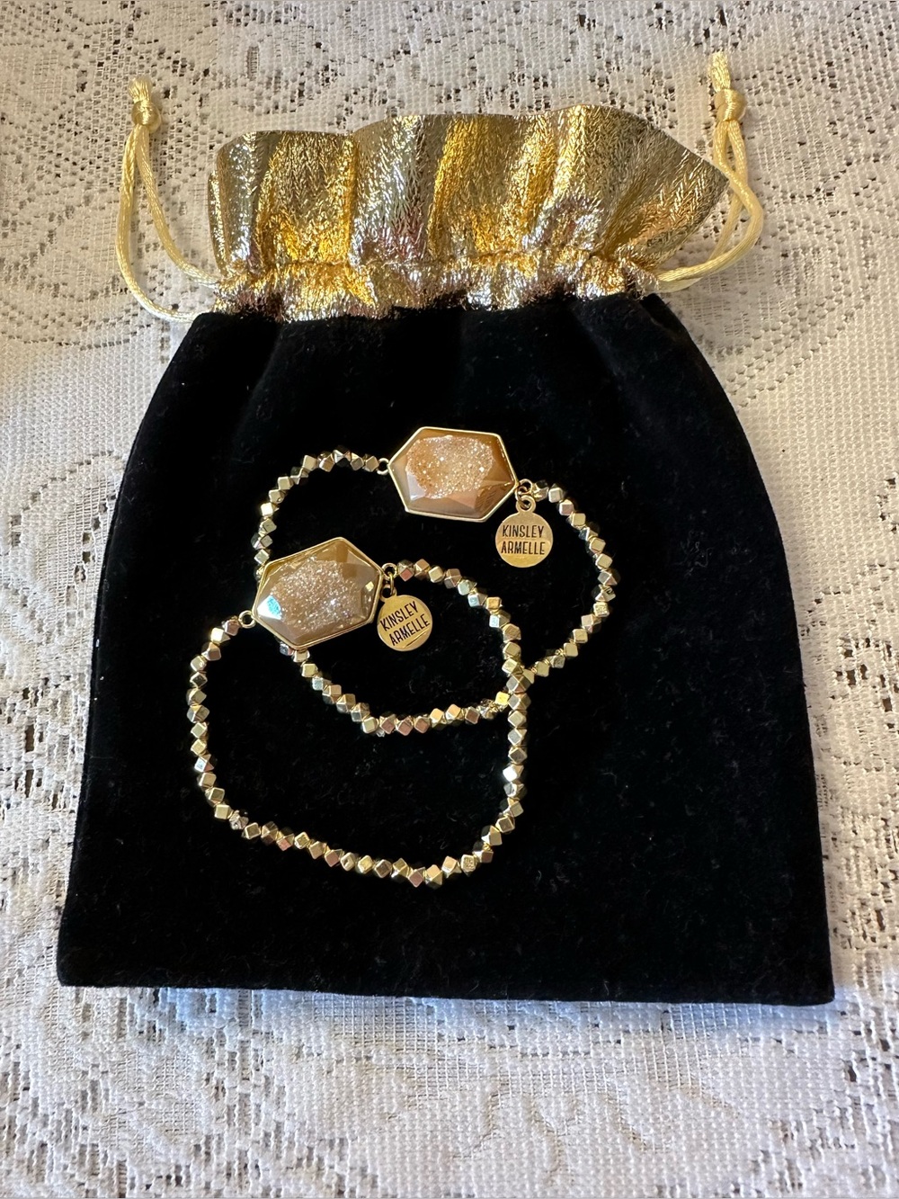 Kinsley Armelle Gold Beaded Bracelet Set of Two with Hexagon Accents